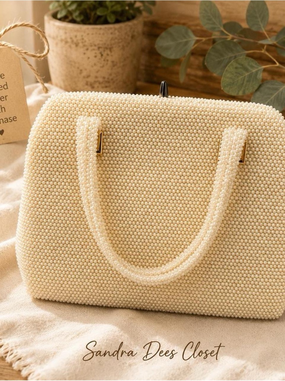Vintage Cream Beaded Satchel with Top Handles